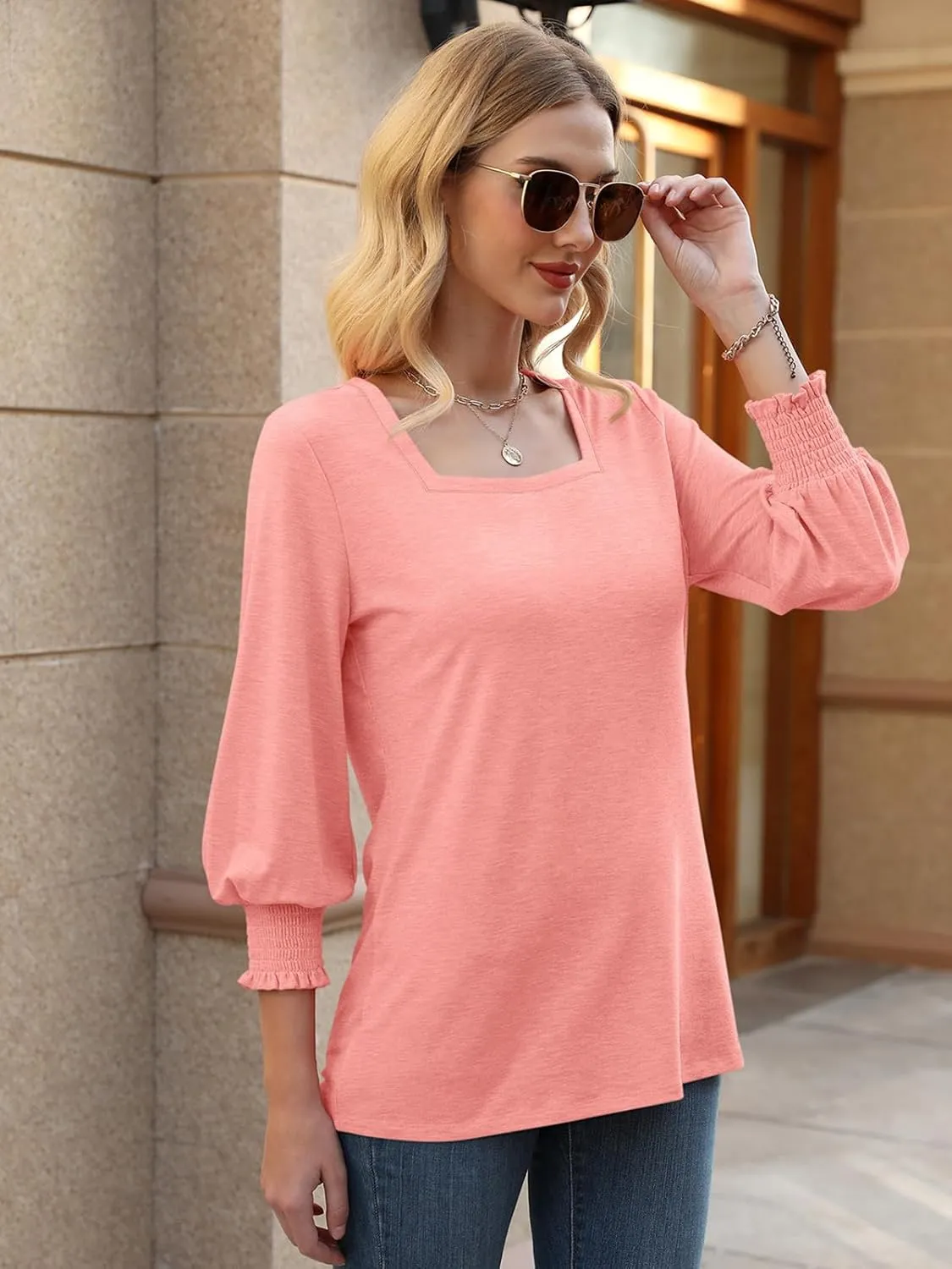 PGANDS Women's 3/4 Sleeve Tops Square Neck Spring Summer Casual Smocked Cuffs Shirts
