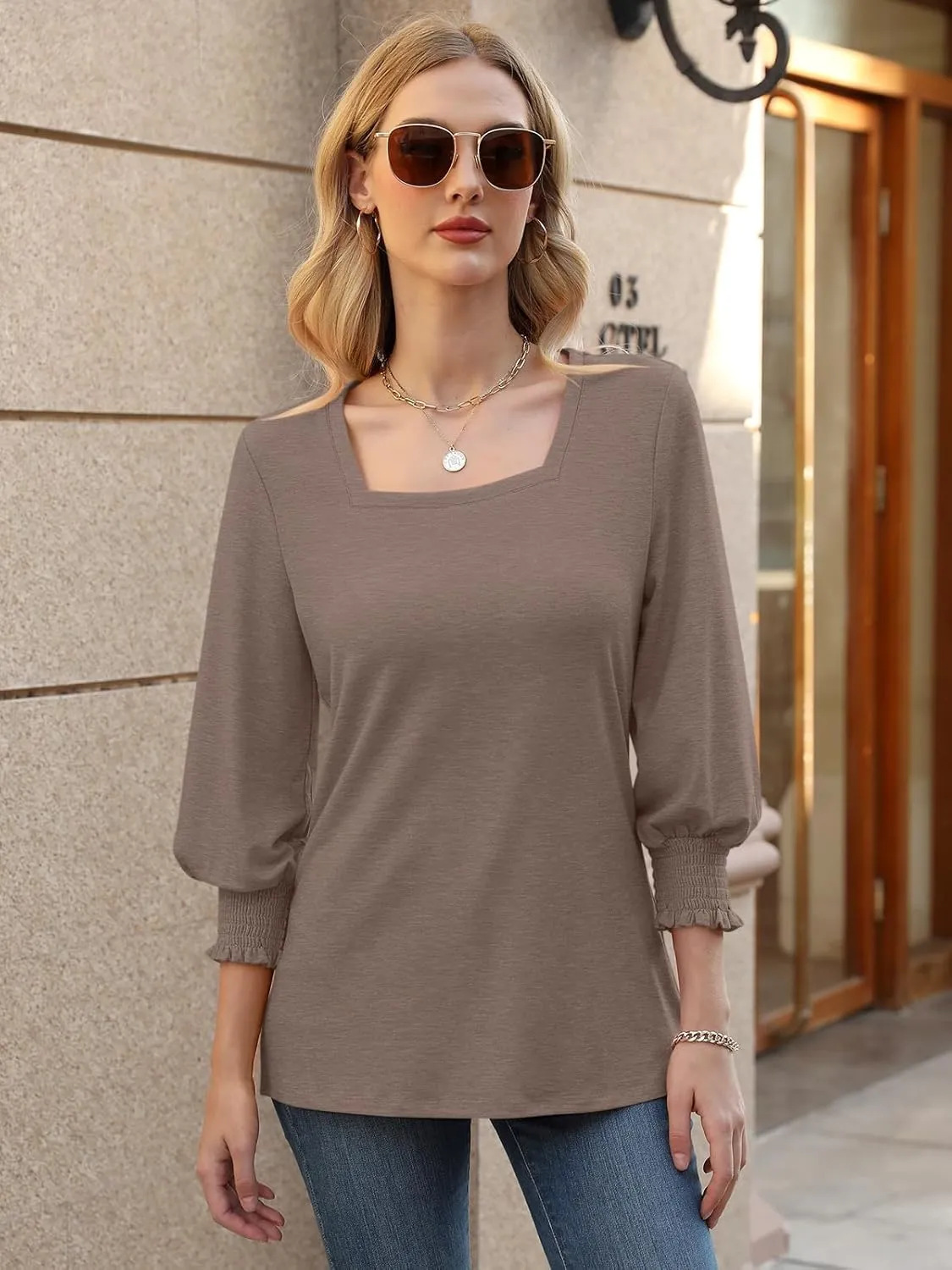 PGANDS Women's 3/4 Sleeve Tops Square Neck Spring Summer Casual Smocked Cuffs Shirts