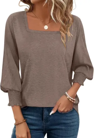 PGANDS Women's 3/4 Sleeve Tops Square Neck Spring Summer Casual Smocked Cuffs Shirts