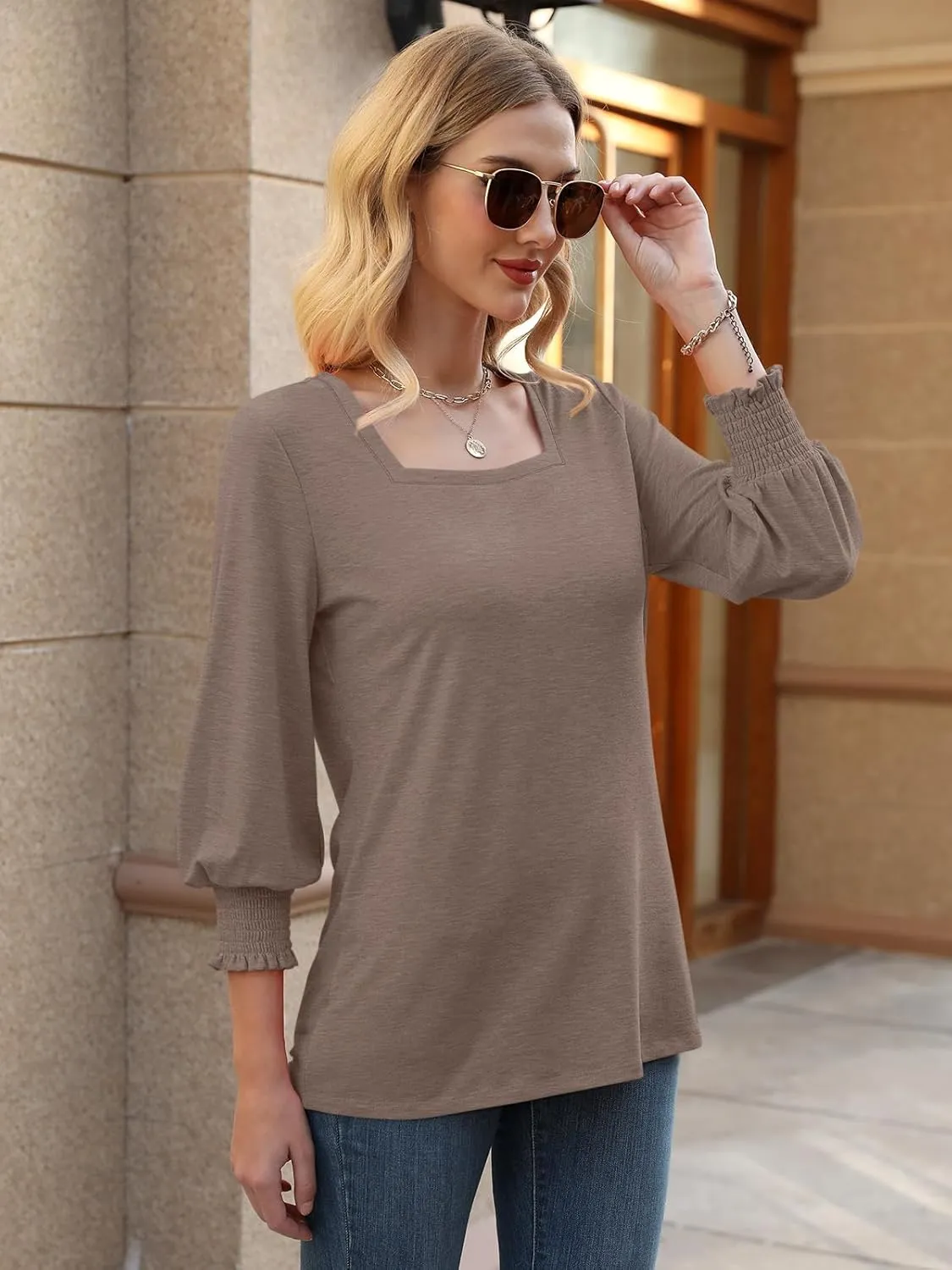 PGANDS Women's 3/4 Sleeve Tops Square Neck Spring Summer Casual Smocked Cuffs Shirts
