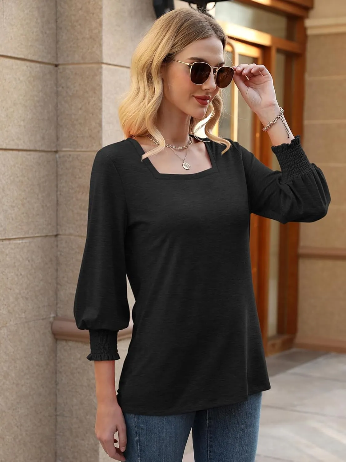 PGANDS Women's 3/4 Sleeve Tops Square Neck Spring Summer Casual Smocked Cuffs Shirts