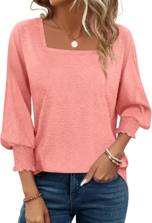 PGANDS Women's 3/4 Sleeve Tops Square Neck Spring Summer Casual Smocked Cuffs Shirts