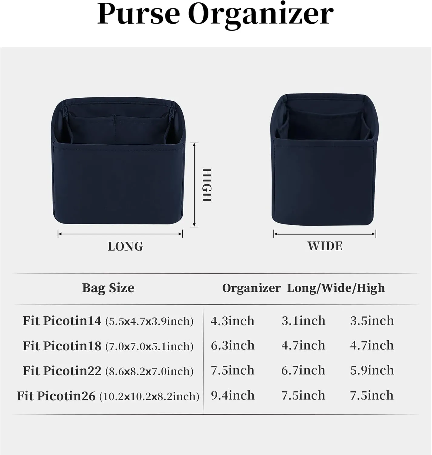 Picotin 18 Bag Insert, Purse Organizer Insert Compatible with Hermes Picotin Bag, Lightweight and Soft Bag Organizer Insert, Satin Inner Bag with Multiple Pockets(Picotin18,Blue nuit)