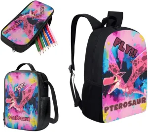 Pink Pterosaur Graffiti Splash School Bag with Lunch Bag Set Student Book Bag or Fly Dinosaur Pattern School Sport Travel with Pencil Case for Girls Teens Gifts