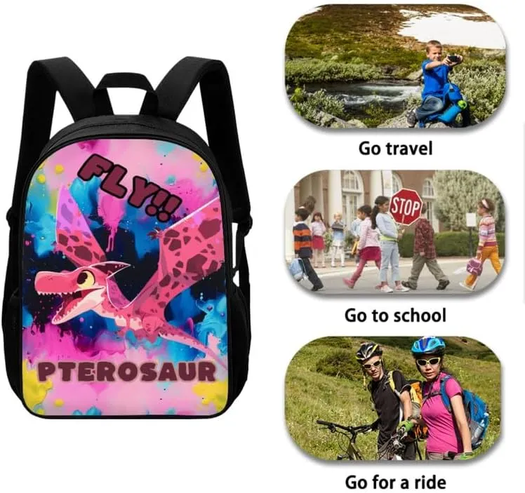 Pink Pterosaur Graffiti Splash School Bag with Lunch Bag Set Student Book Bag or Fly Dinosaur Pattern School Sport Travel with Pencil Case for Girls Teens Gifts