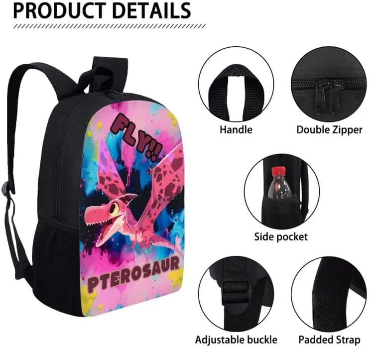 Pink Pterosaur Graffiti Splash School Bag with Lunch Bag Set Student Book Bag or Fly Dinosaur Pattern School Sport Travel with Pencil Case for Girls Teens Gifts