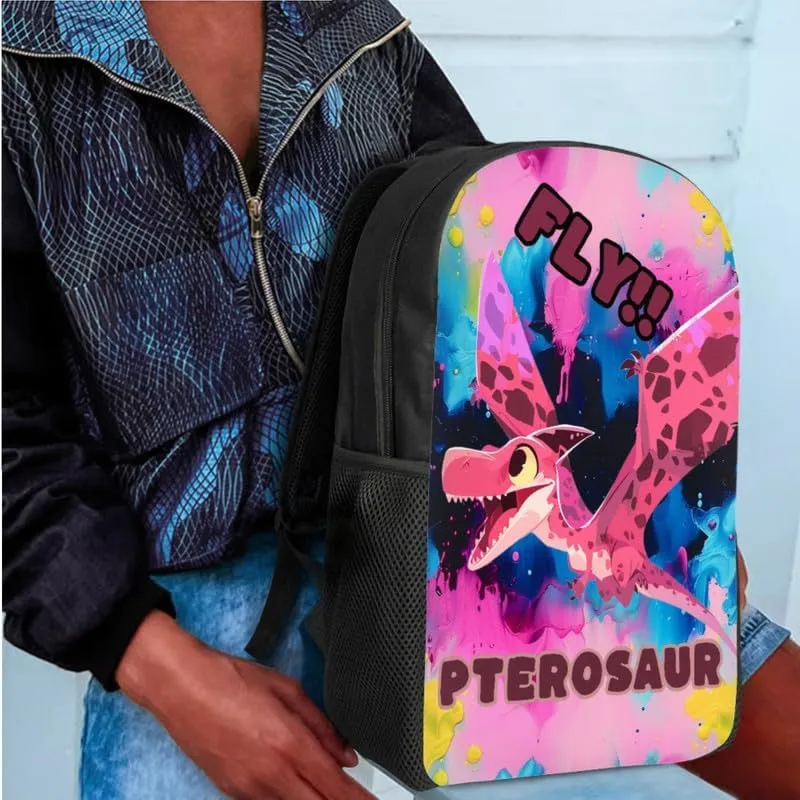Pink Pterosaur Graffiti Splash School Bag with Lunch Bag Set Student Book Bag or Fly Dinosaur Pattern School Sport Travel with Pencil Case for Girls Teens Gifts
