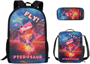 Pink Pterosaur Kids Backpack with Lunch Bag and Pencil Case Cartoon Dinosaur Print Casual Backpacks for Elementary Student Watercolor Pterosaur Lightweight School Book Bag