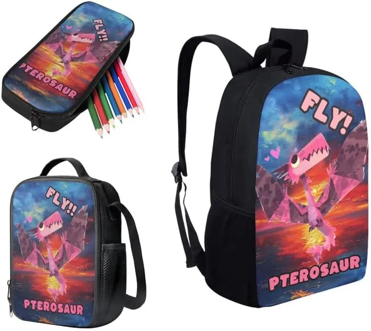 Pink Pterosaur Kids Backpack with Lunch Bag and Pencil Case Cartoon Dinosaur Print Casual Backpacks for Elementary Student Watercolor Pterosaur Lightweight School Book Bag