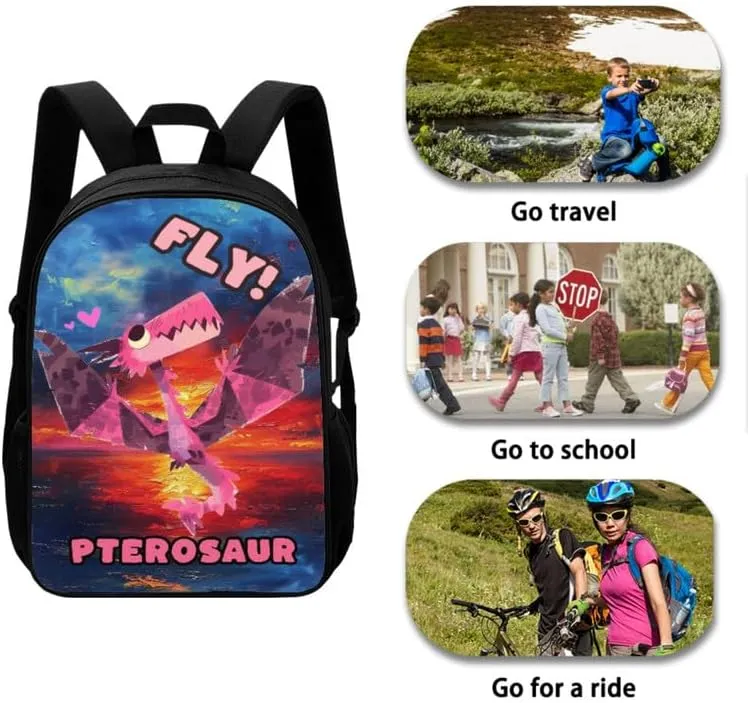 Pink Pterosaur Kids Backpack with Lunch Bag and Pencil Case Cartoon Dinosaur Print Casual Backpacks for Elementary Student Watercolor Pterosaur Lightweight School Book Bag