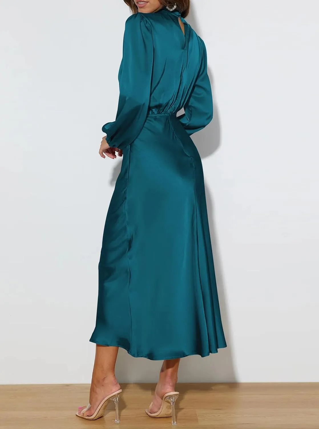 Pink Queen Women's Elegant Long Sleeve Satin Dress Mock Neck Elastic Waist Cocktail Party Wedding Guest Midi Dresses