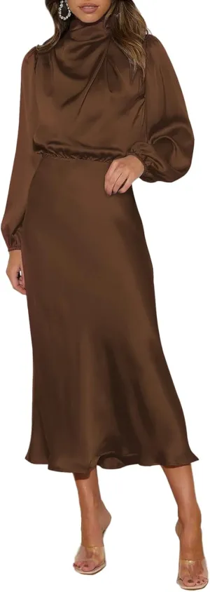 Pink Queen Women's Elegant Long Sleeve Satin Dress Mock Neck Elastic Waist Cocktail Party Wedding Guest Midi Dresses