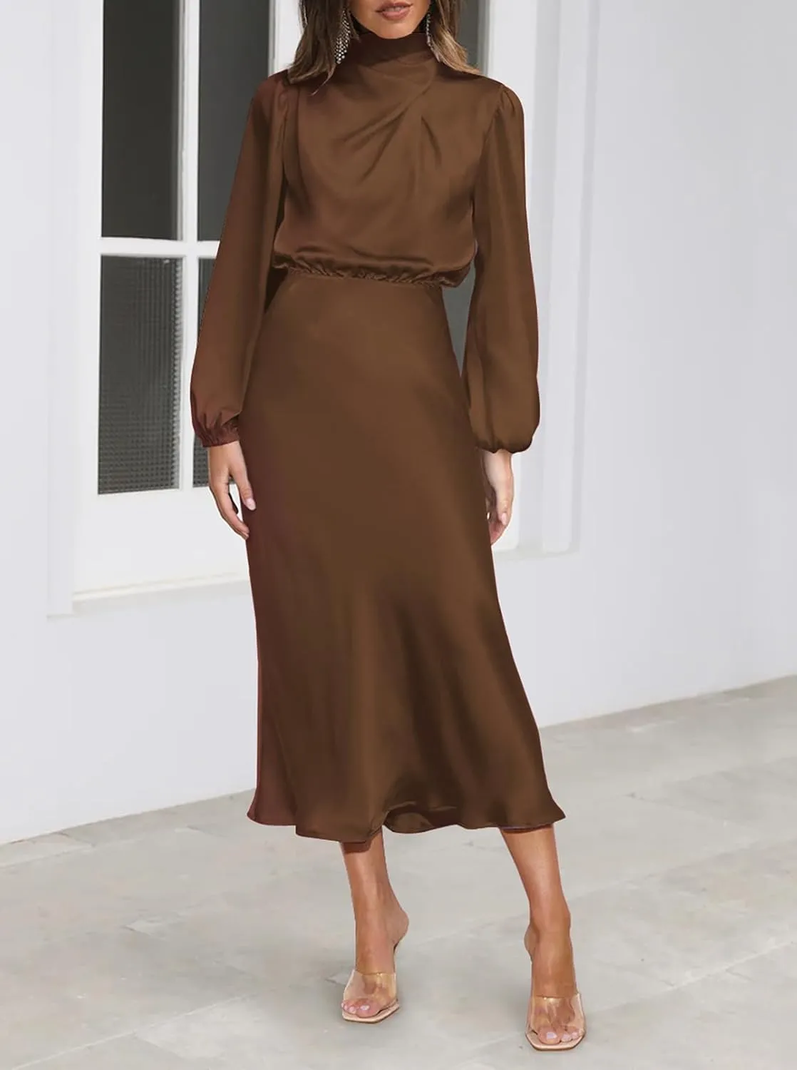 Pink Queen Women's Elegant Long Sleeve Satin Dress Mock Neck Elastic Waist Cocktail Party Wedding Guest Midi Dresses