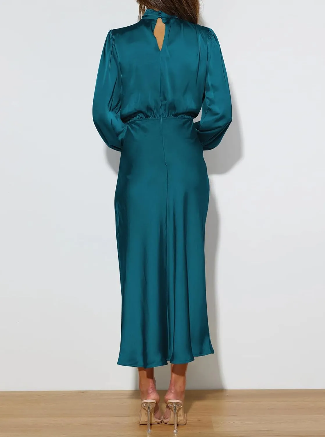 Pink Queen Women's Elegant Long Sleeve Satin Dress Mock Neck Elastic Waist Cocktail Party Wedding Guest Midi Dresses