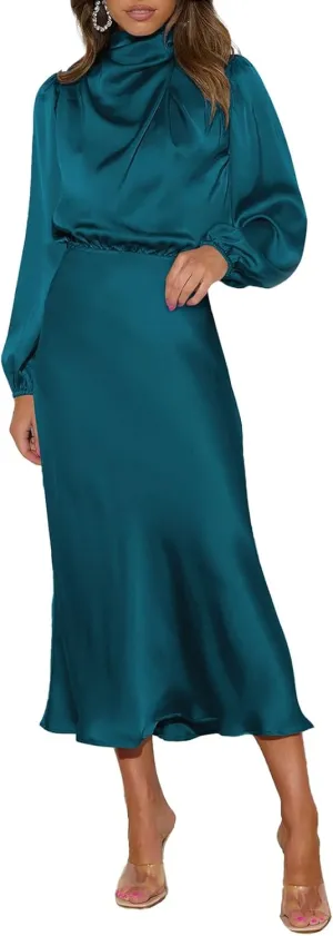 Pink Queen Women's Elegant Long Sleeve Satin Dress Mock Neck Elastic Waist Cocktail Party Wedding Guest Midi Dresses