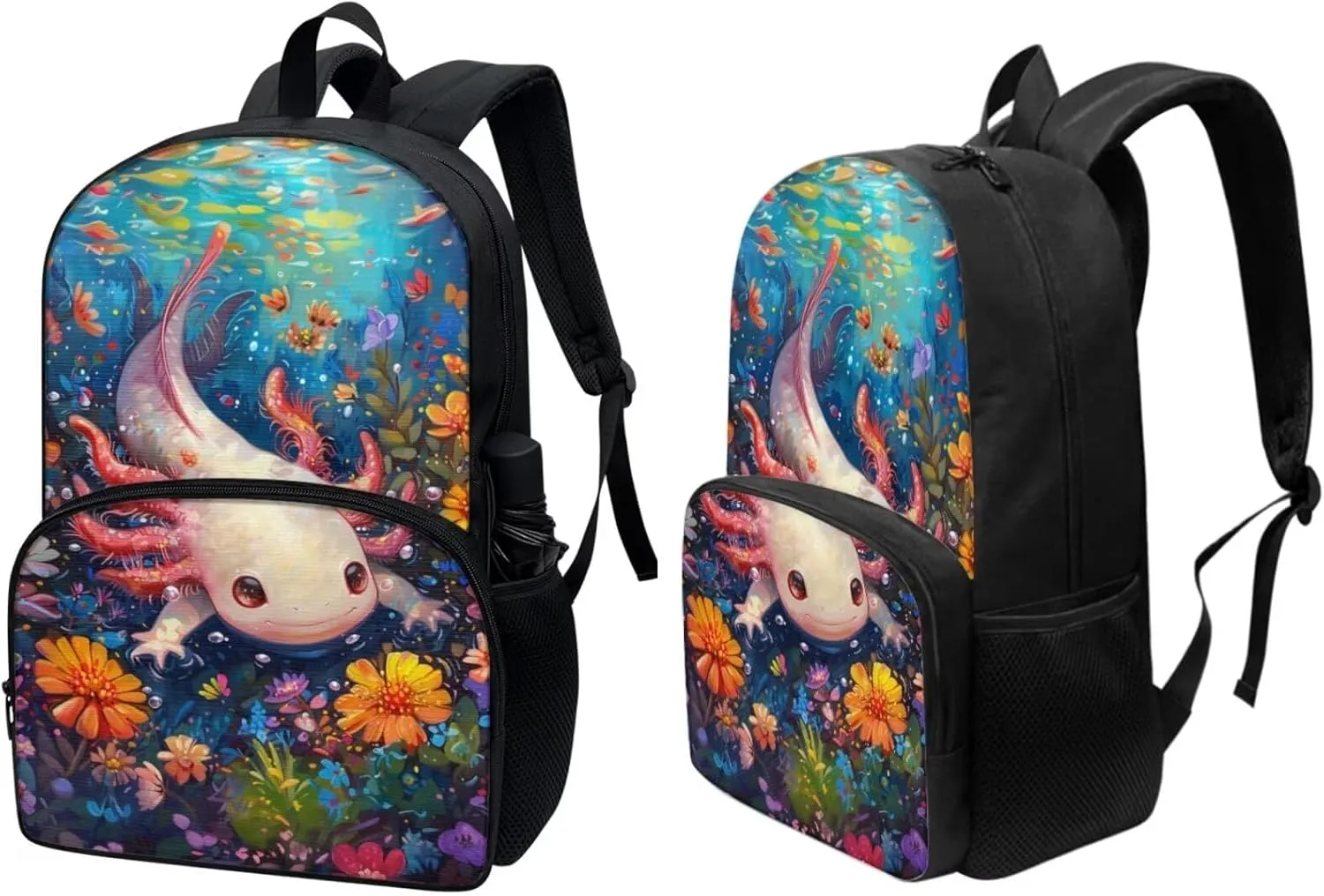 PinUp Angel Cartoon Axolotl Print Kids Backpack with Lunch Bag Pencil Bag for Kids Cute Art Oil Painting Animal Patterned Backpacks Elementary Bookbag School Bag