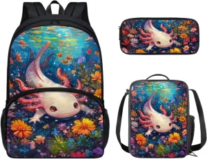 PinUp Angel Cartoon Axolotl Print Kids Backpack with Lunch Bag Pencil Bag for Kids Cute Art Oil Painting Animal Patterned Backpacks Elementary Bookbag School Bag