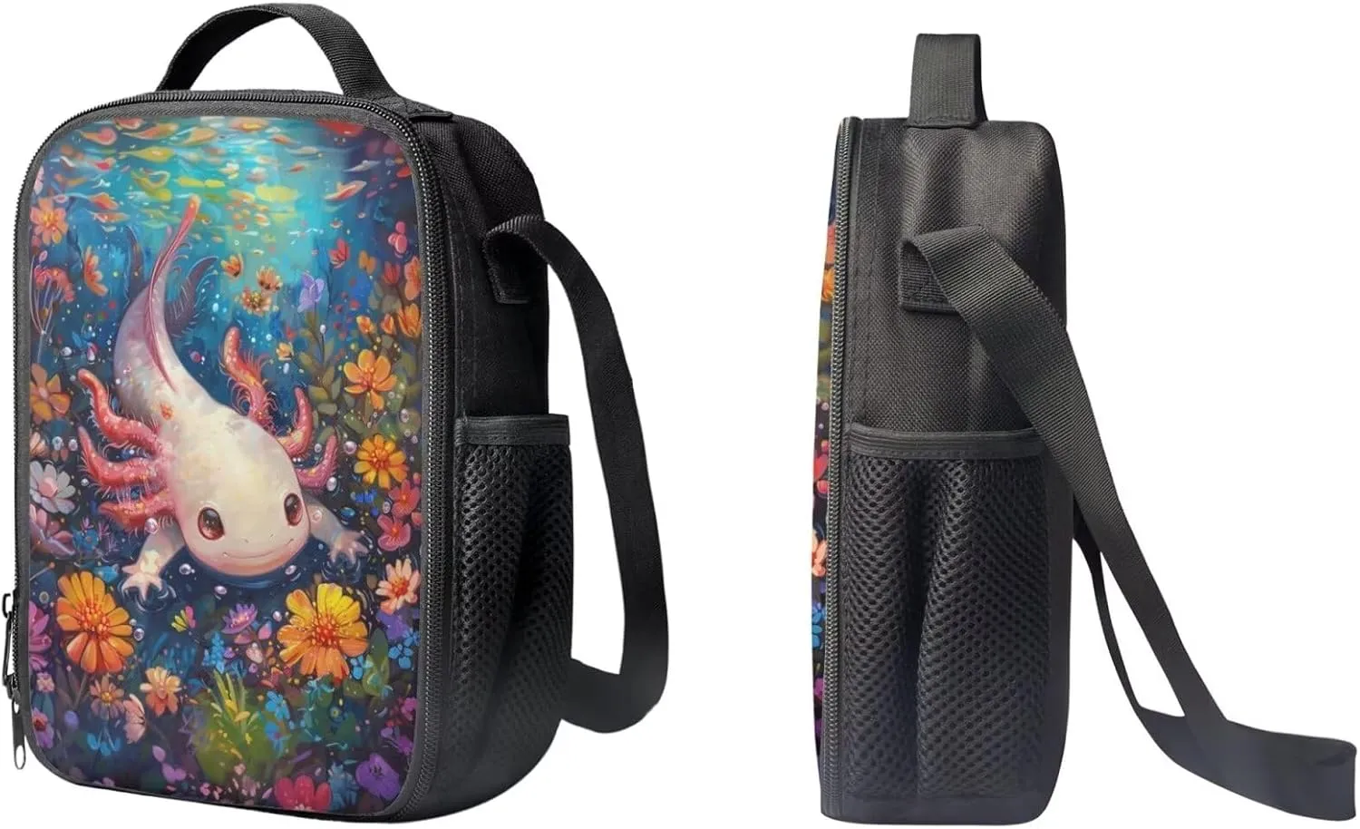 PinUp Angel Cartoon Axolotl Print Kids Backpack with Lunch Bag Pencil Bag for Kids Cute Art Oil Painting Animal Patterned Backpacks Elementary Bookbag School Bag