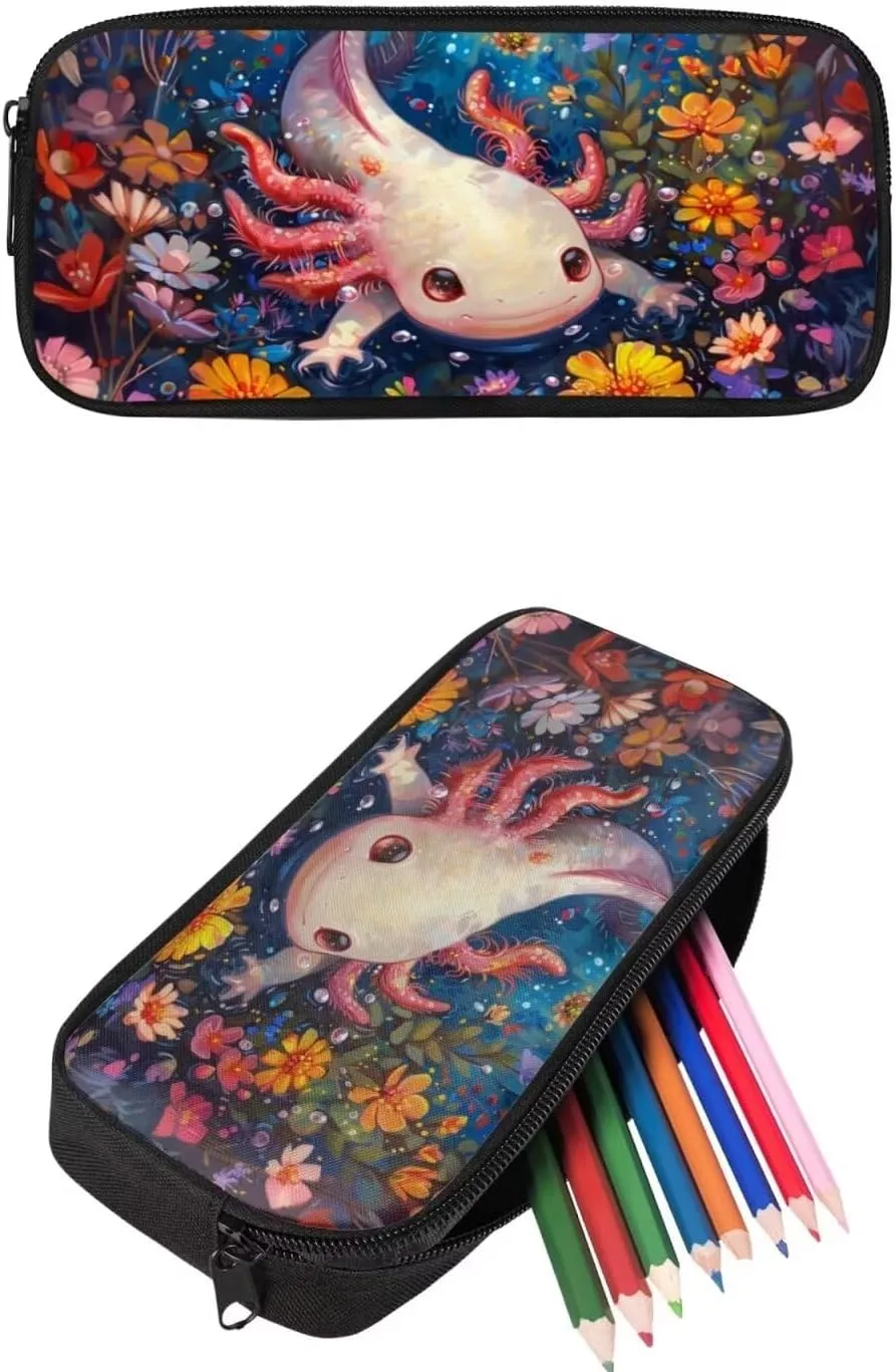 PinUp Angel Cartoon Axolotl Print Kids Backpack with Lunch Bag Pencil Bag for Kids Cute Art Oil Painting Animal Patterned Backpacks Elementary Bookbag School Bag