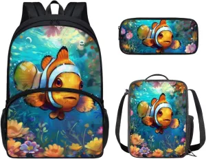 PinUp Angel Cute Clownfish Print Kids Backpack with Lunch Bag Pencil Bag for Kids Cute Art Oil Painting Animal Patterned Backpacks Elementary Bookbag School Bag