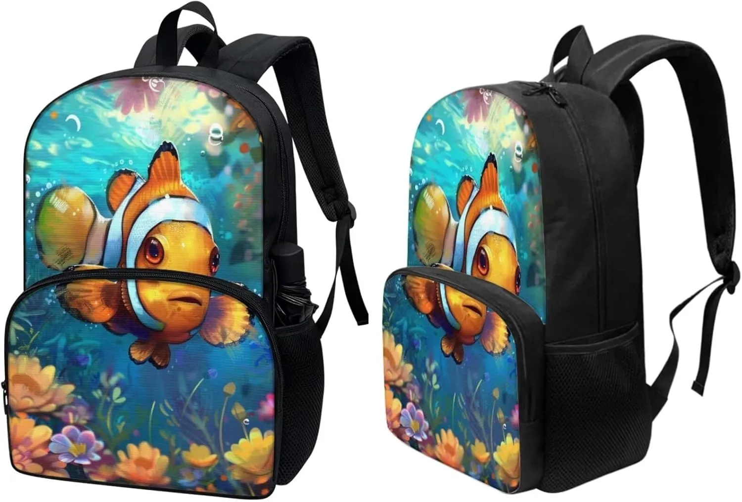 PinUp Angel Cute Clownfish Print Kids Backpack with Lunch Bag Pencil Bag for Kids Cute Art Oil Painting Animal Patterned Backpacks Elementary Bookbag School Bag
