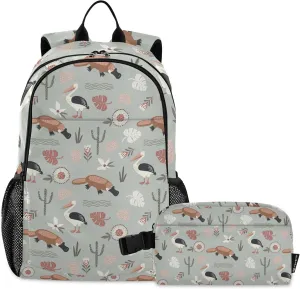 Platypus and Pelican Cactus Backpack with Lunch Bag, School Backpack for Teens Boys Girls Kids Backpacks Set
