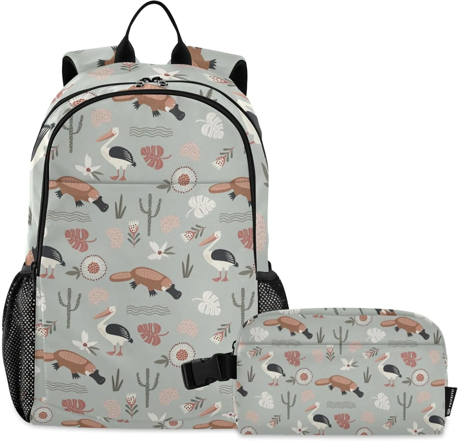 Platypus and Pelican Cactus Backpack with Lunch Bag, School Backpack for Teens Boys Girls Kids Backpacks Set