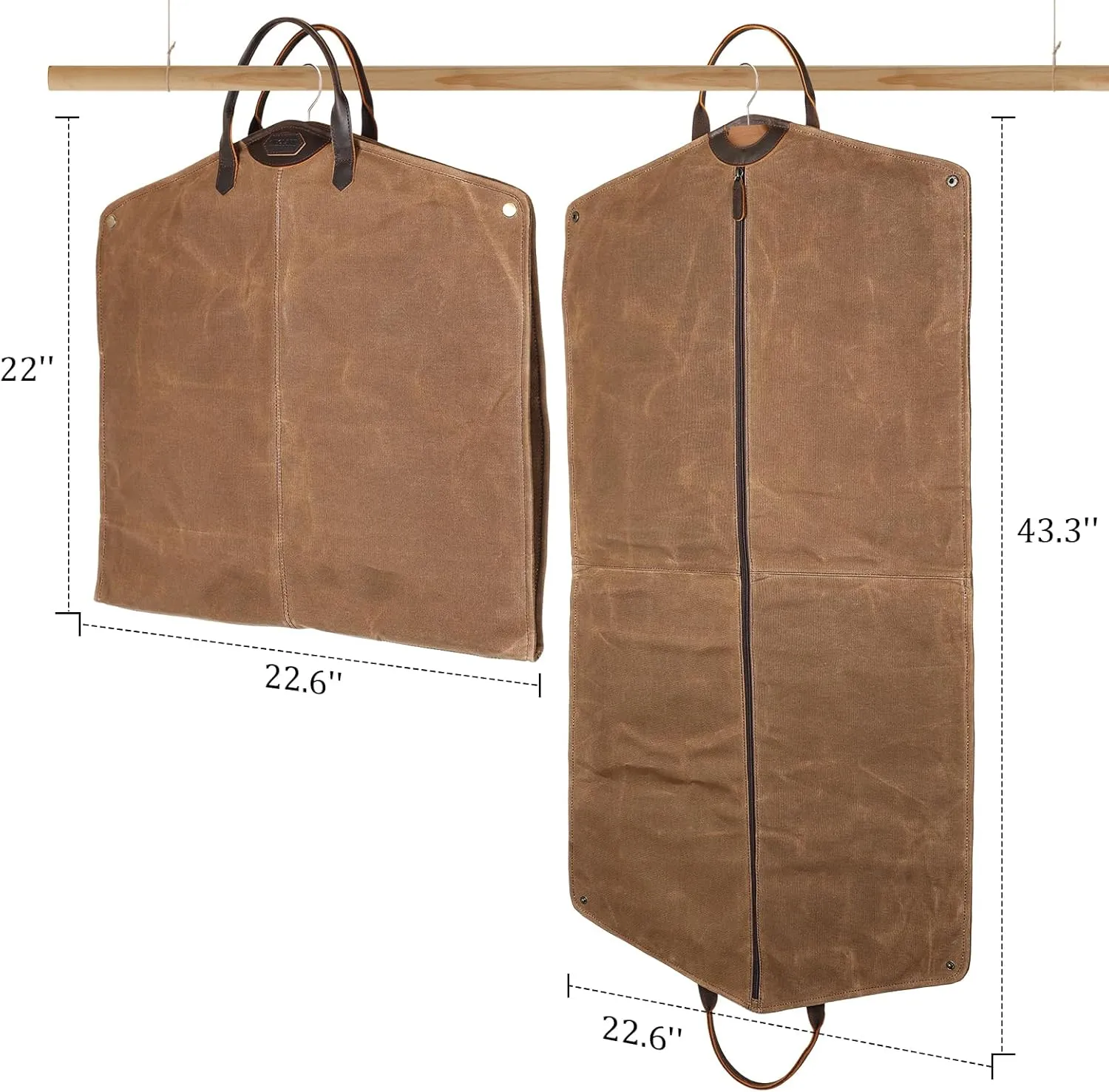 Polare 43” Waxed Canvas Full Grain Leather Trim Garment Bag for Travel, Large Carry on Business Suitcase Cover with YKK Zipper, Waterproof Hanging Suit Garment Cover with Handles,1 pack