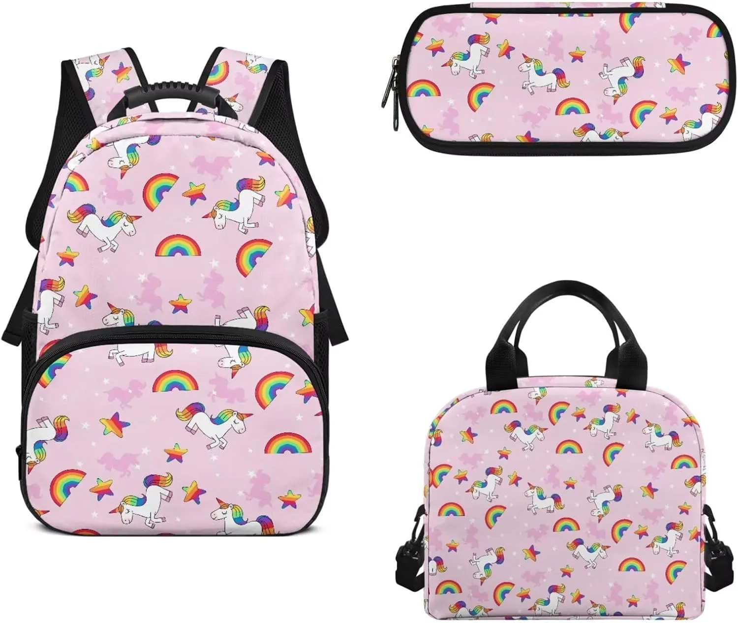 Pony Print 3-In-1 Kids Backpack Set Rainbow Daypack and Insulated Lunch Box for Girls Travel Luggage Backpacks Comfortable Laptop Bookbag for Children Students