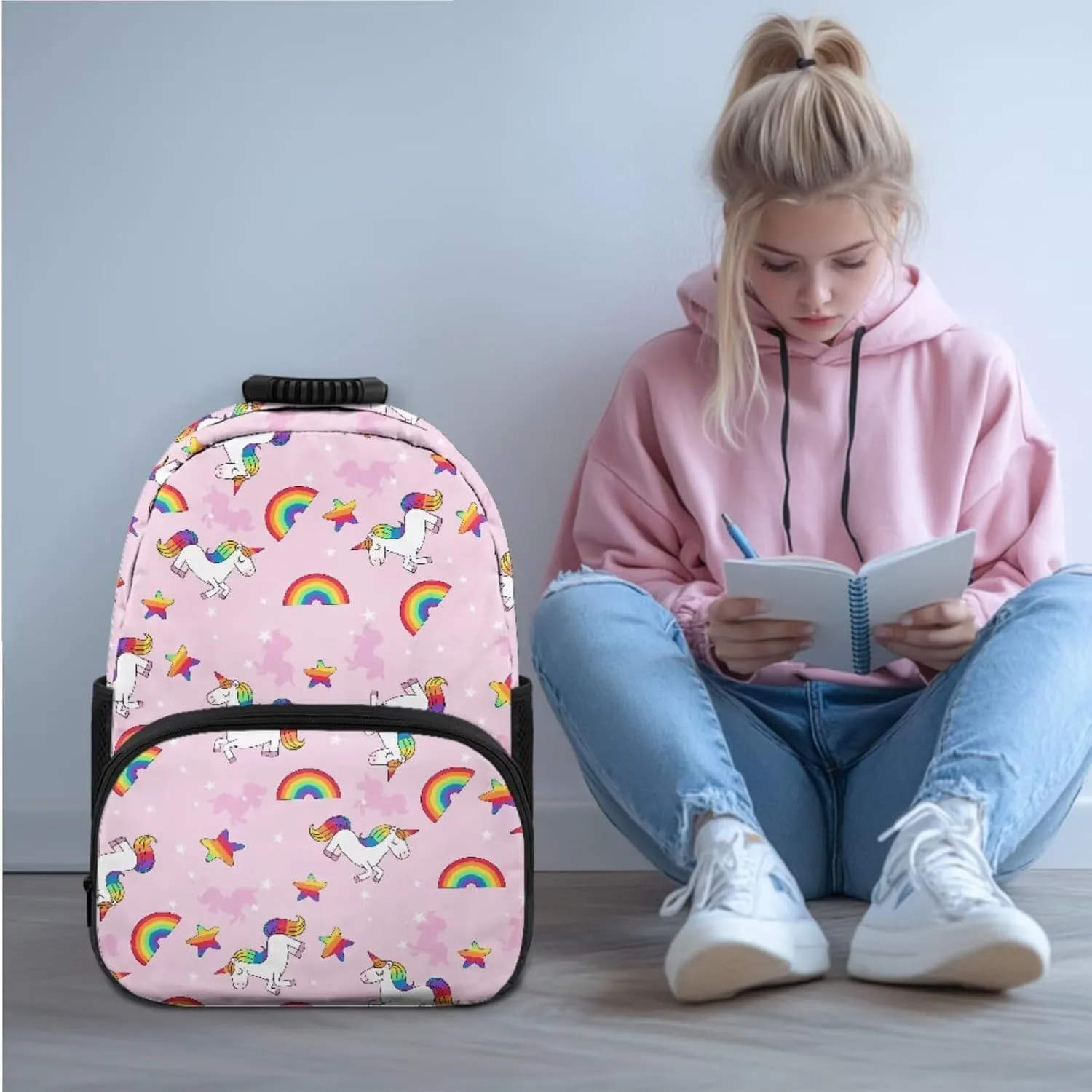 Pony Print 3-In-1 Kids Backpack Set Rainbow Daypack and Insulated Lunch Box for Girls Travel Luggage Backpacks Comfortable Laptop Bookbag for Children Students