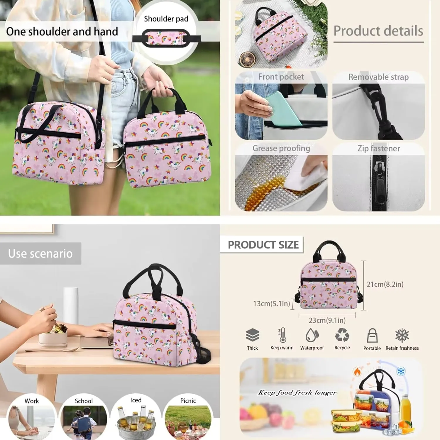 Pony Print 3-In-1 Kids Backpack Set Rainbow Daypack and Insulated Lunch Box for Girls Travel Luggage Backpacks Comfortable Laptop Bookbag for Children Students