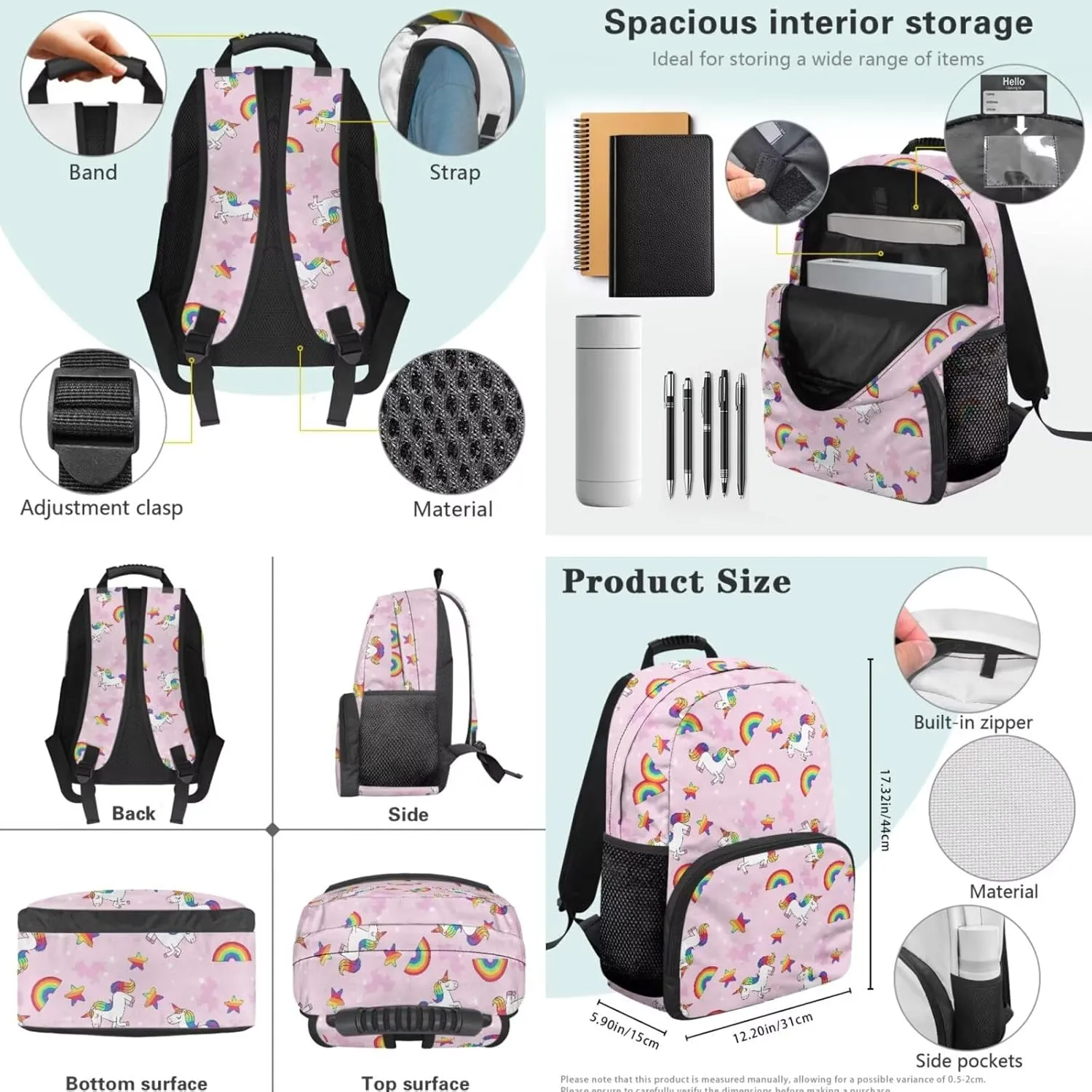 Pony Print 3-In-1 Kids Backpack Set Rainbow Daypack and Insulated Lunch Box for Girls Travel Luggage Backpacks Comfortable Laptop Bookbag for Children Students