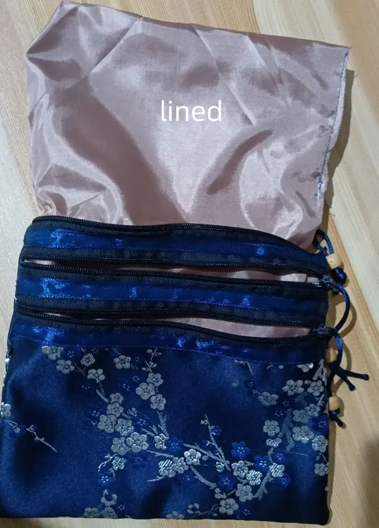 Portable Large Silk Brocade Multi Zipper Pouch Jewelry Storage Bags for Travel Cosmetic Makeup Packaging 3 Zip Purses (dakr blue (pattern random))