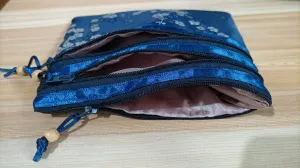 Portable Large Silk Brocade Multi Zipper Pouch Jewelry Storage Bags for Travel Cosmetic Makeup Packaging 3 Zip Purses (dakr blue (pattern random))