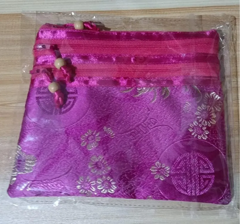 Portable Large Silk Brocade Multi Zipper Pouch Jewelry Storage Bags for Travel Cosmetic Makeup Packaging 3 Zip Purses (fuchsia (pattern random))