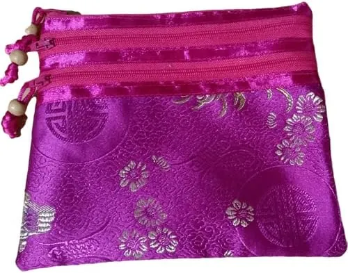 Portable Large Silk Brocade Multi Zipper Pouch Jewelry Storage Bags for Travel Cosmetic Makeup Packaging 3 Zip Purses (fuchsia (pattern random))