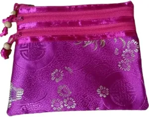 Portable Large Silk Brocade Multi Zipper Pouch Jewelry Storage Bags for Travel Cosmetic Makeup Packaging 3 Zip Purses (fuchsia (pattern random))