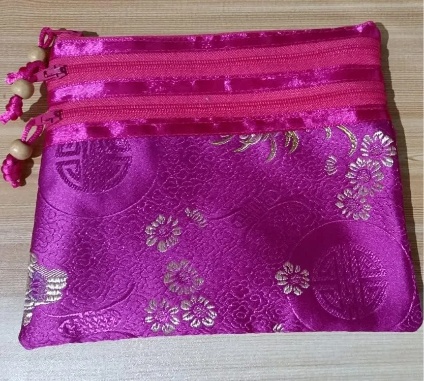Portable Large Silk Brocade Multi Zipper Pouch Jewelry Storage Bags for Travel Cosmetic Makeup Packaging 3 Zip Purses (fuchsia (pattern random))