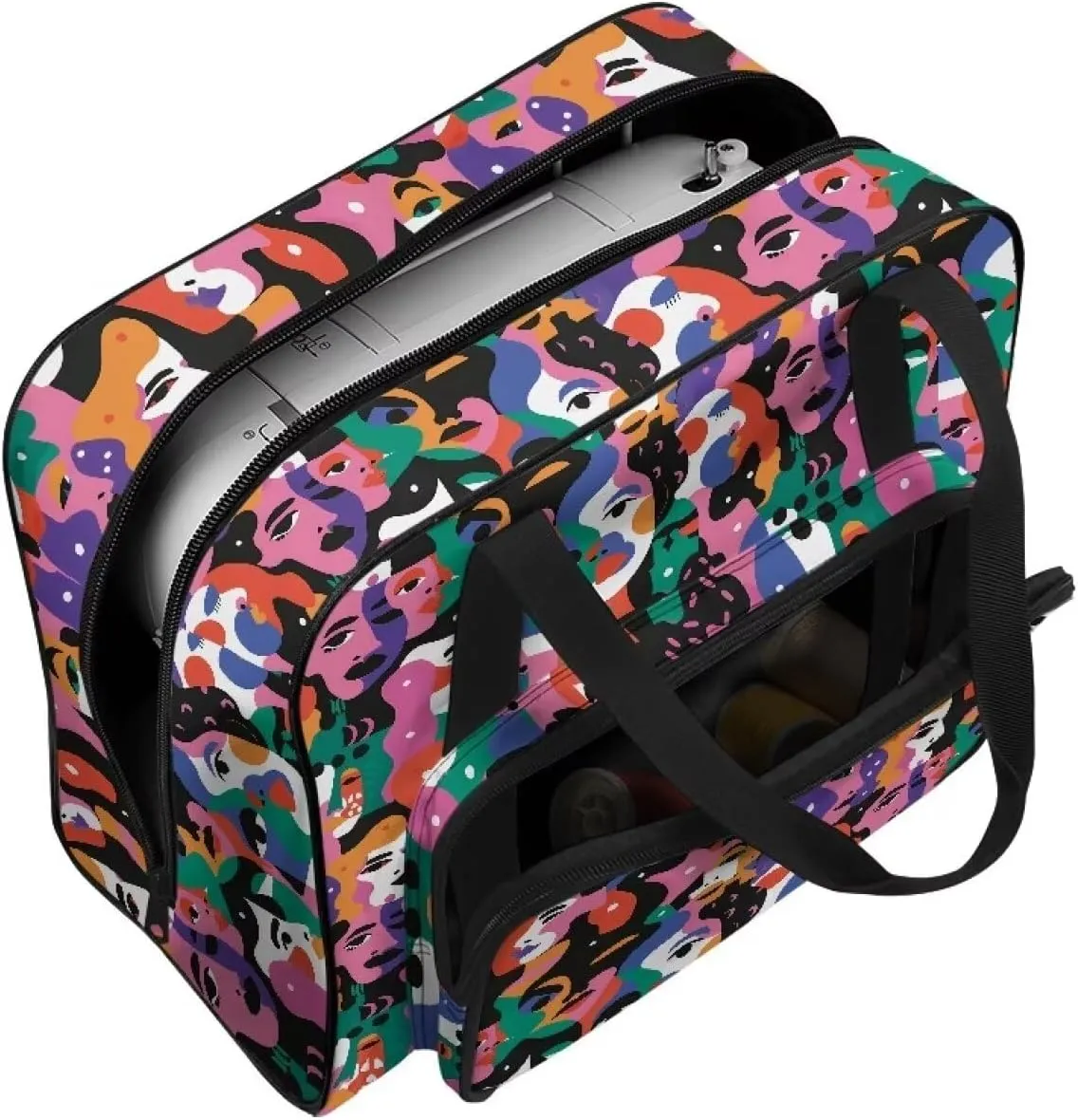 Portable Sewing Machine Storage Case, Abstract Art Face Print Sewing Machine Bag with Comfortable Handle and Front Pocket Compatible with Most Sewing Machines