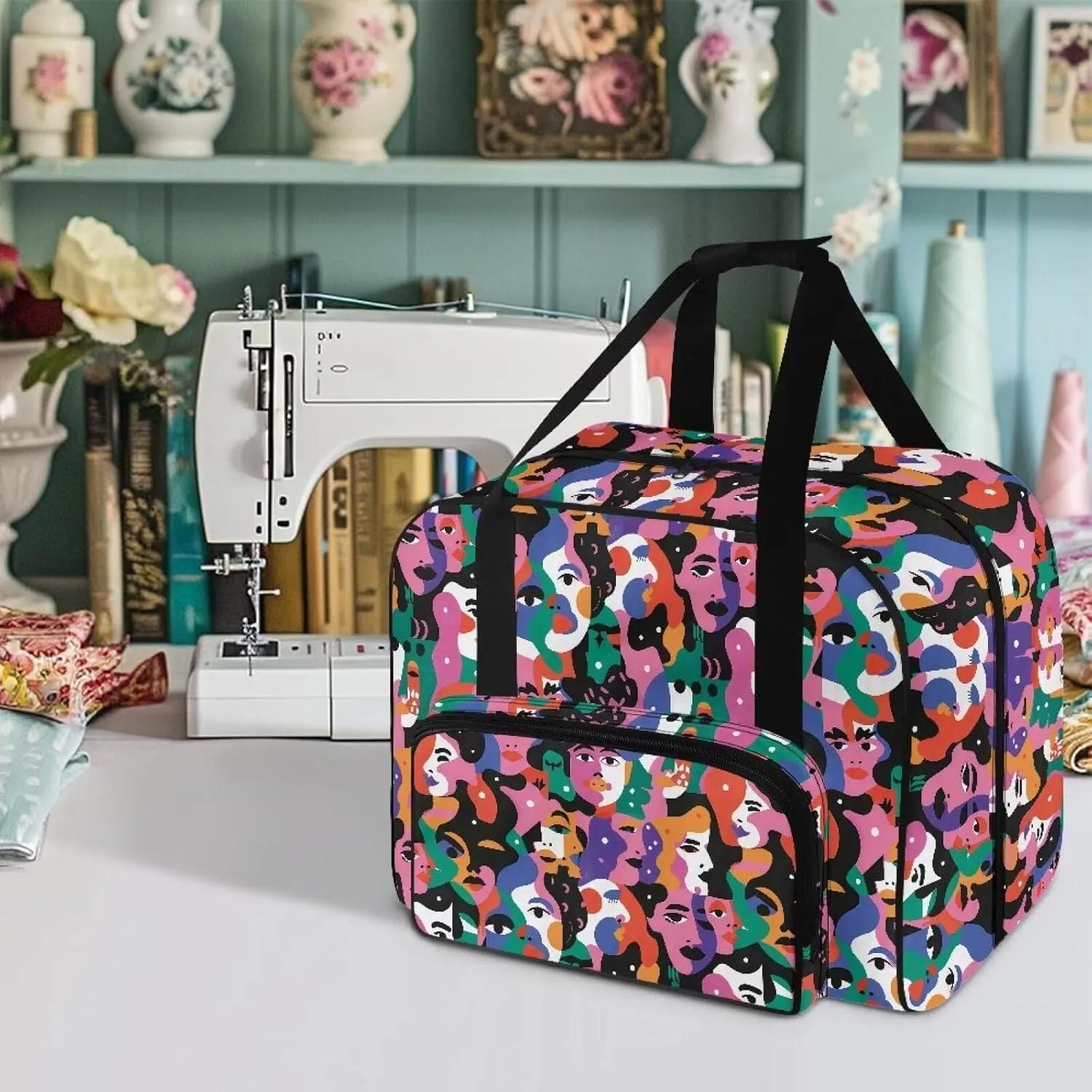 Portable Sewing Machine Storage Case, Abstract Art Face Print Sewing Machine Bag with Comfortable Handle and Front Pocket Compatible with Most Sewing Machines