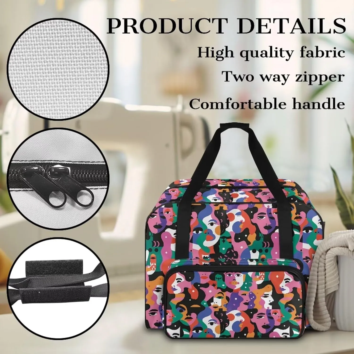 Portable Sewing Machine Storage Case, Abstract Art Face Print Sewing Machine Bag with Comfortable Handle and Front Pocket Compatible with Most Sewing Machines