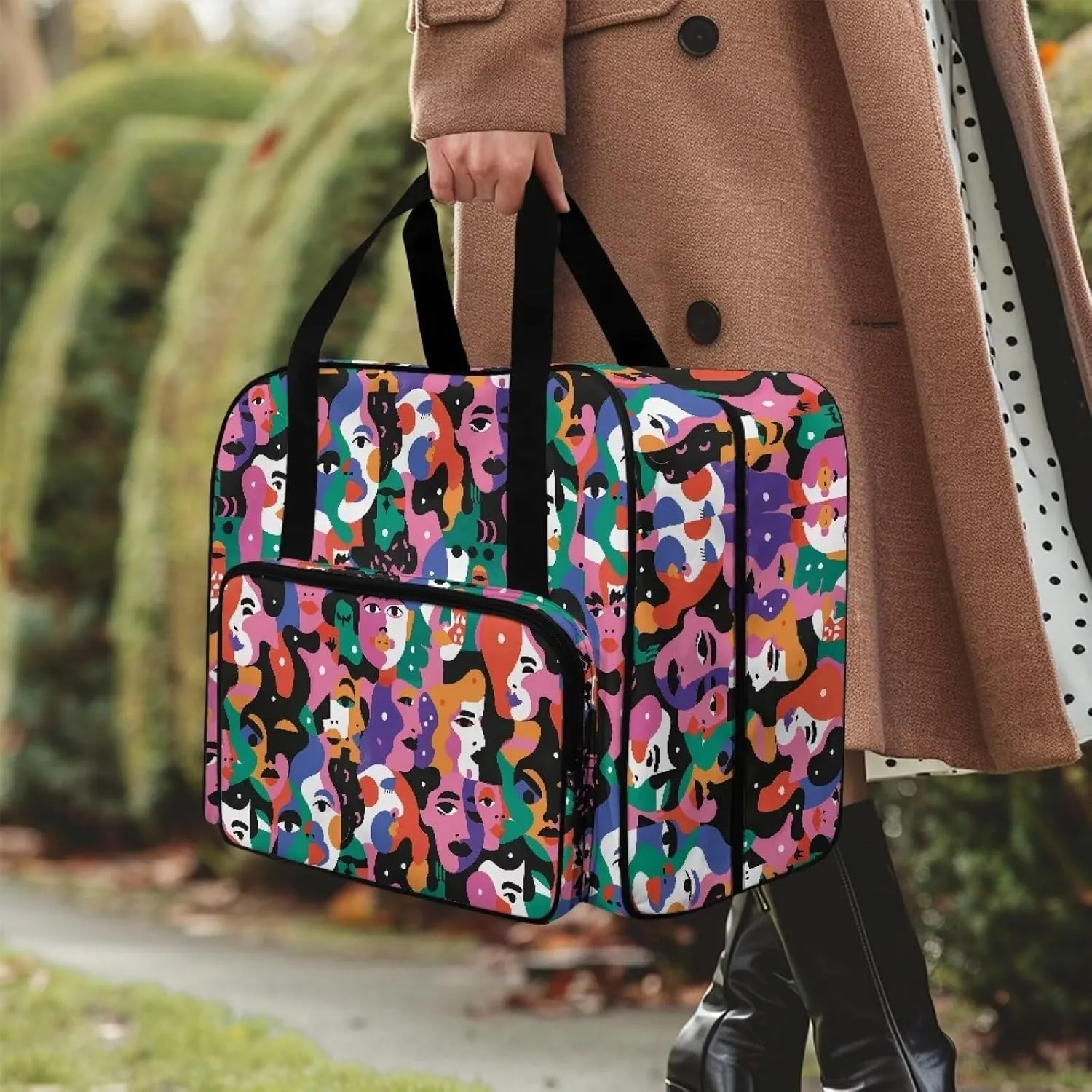 Portable Sewing Machine Storage Case, Abstract Art Face Print Sewing Machine Bag with Comfortable Handle and Front Pocket Compatible with Most Sewing Machines