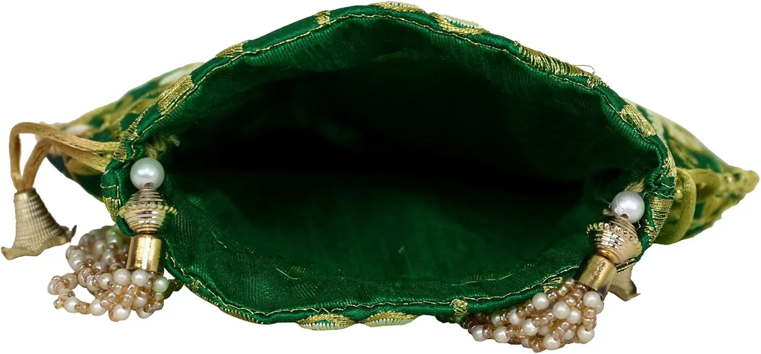 Potli Bag for Women Ethnic Gold, Pearl Handle Floral Accents, Drawstring Closure Pearls Handle Batwa Clutch Purse