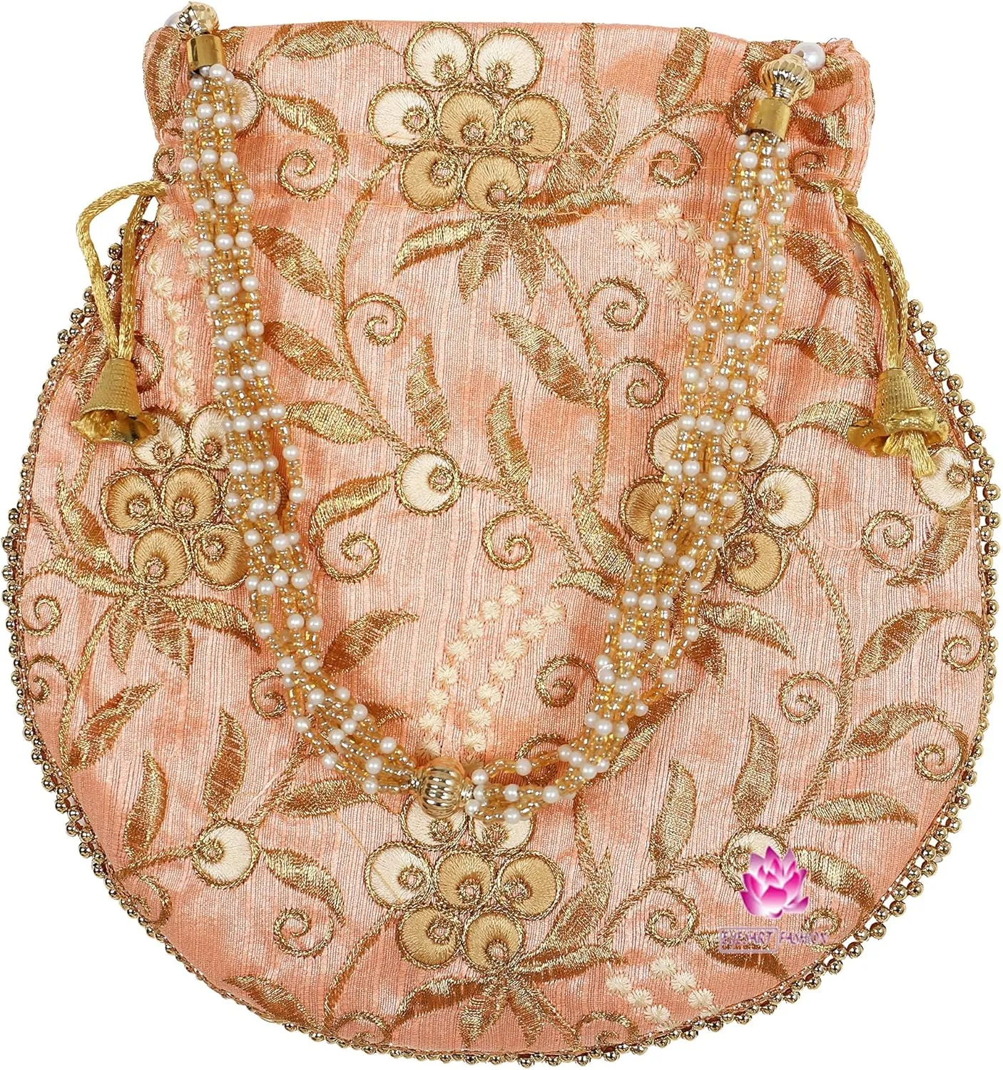 Potli Bag for Women Ethnic Gold, Pearl Handle Floral Accents, Drawstring Closure Pearls Handle Batwa Clutch Purse