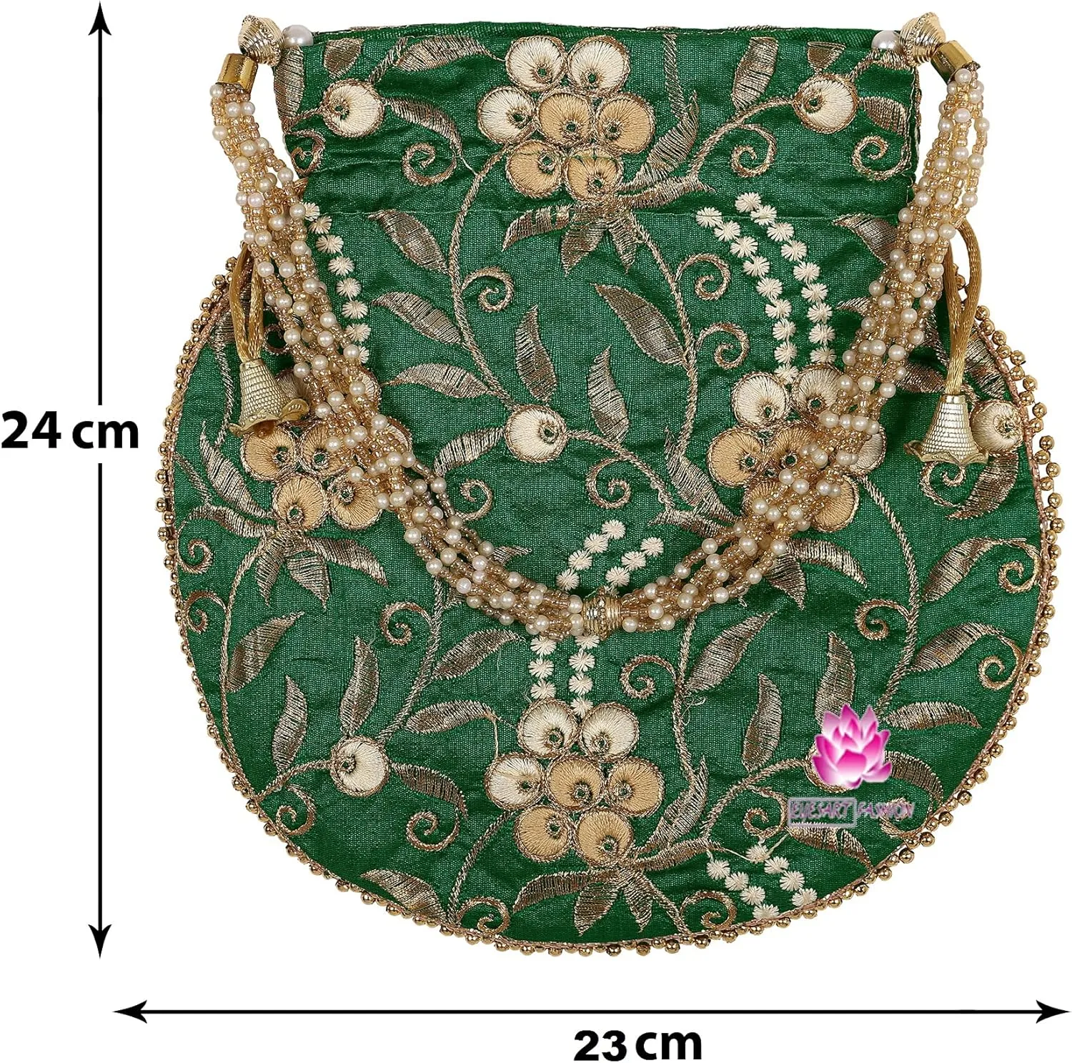 Potli Bag for Women Ethnic Gold, Pearl Handle Floral Accents, Drawstring Closure Pearls Handle Batwa Clutch Purse
