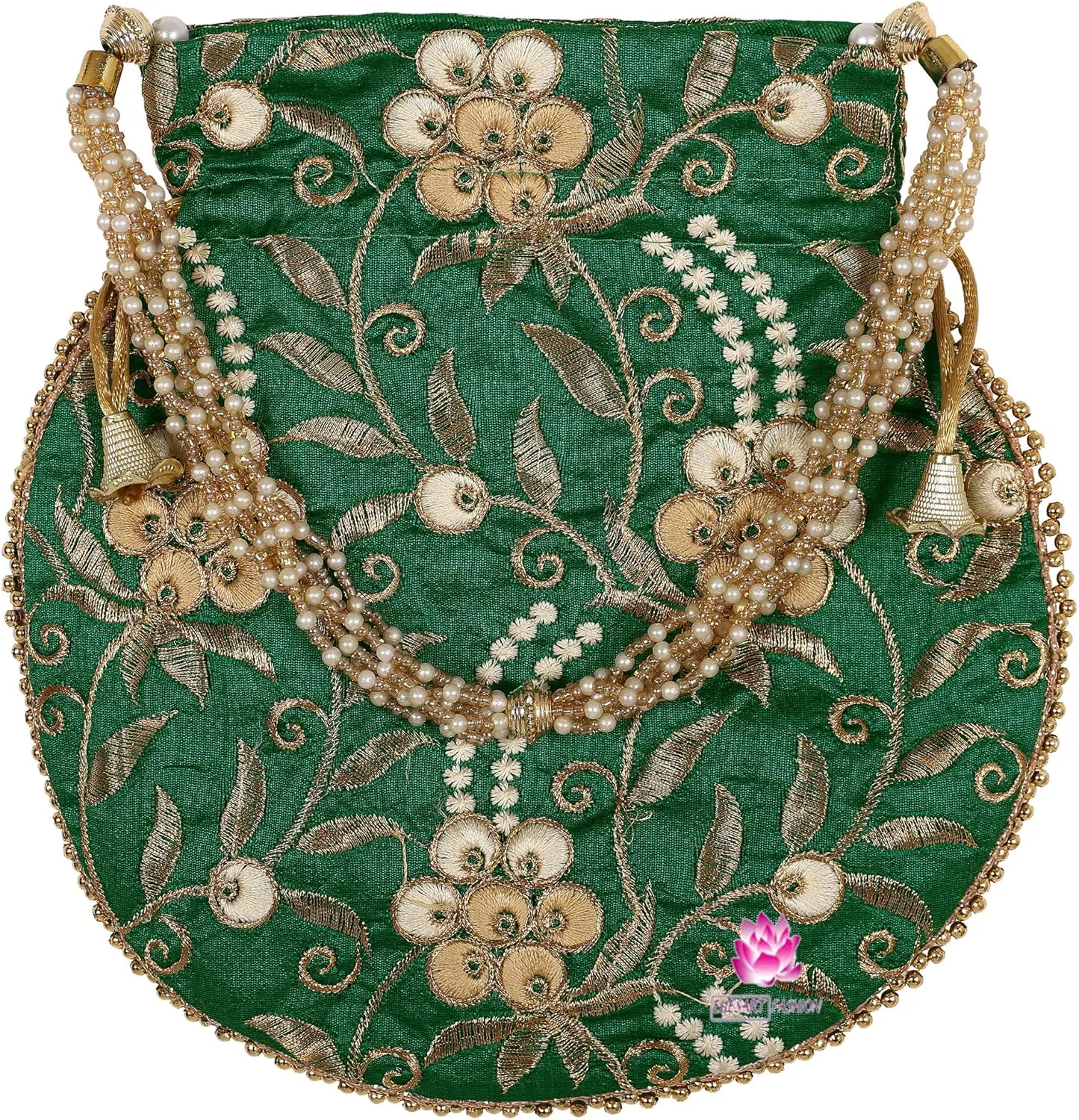 Potli Bag for Women Ethnic Gold, Pearl Handle Floral Accents, Drawstring Closure Pearls Handle Batwa Clutch Purse