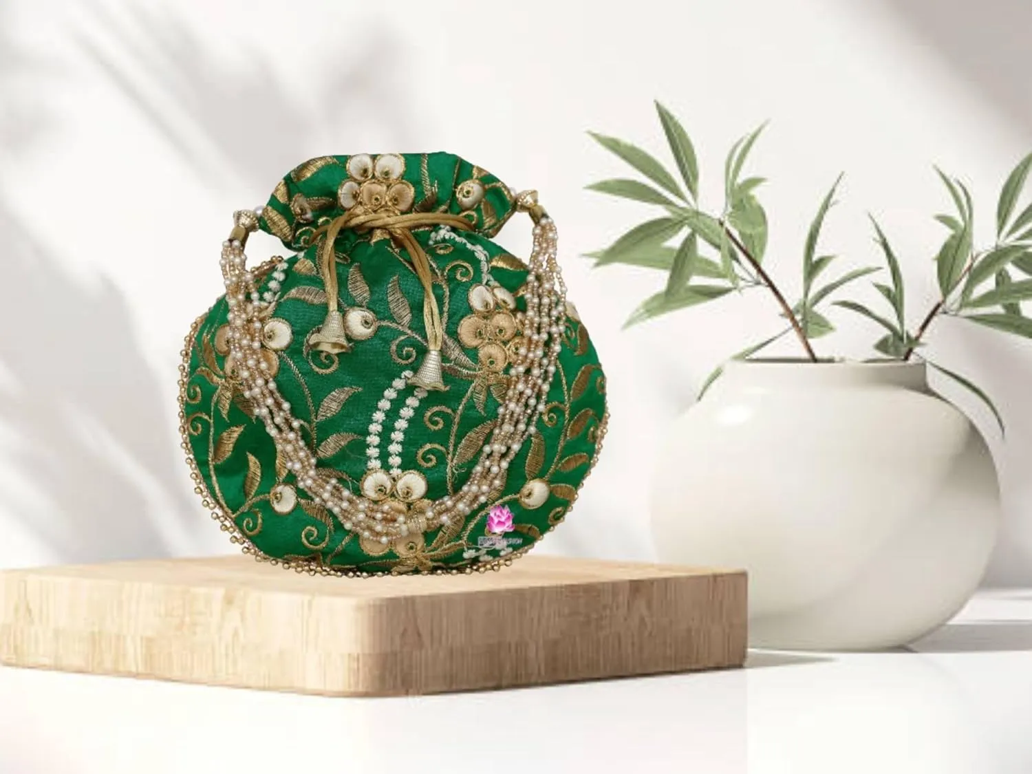 Potli Bag for Women Ethnic Gold, Pearl Handle Floral Accents, Drawstring Closure Pearls Handle Batwa Clutch Purse