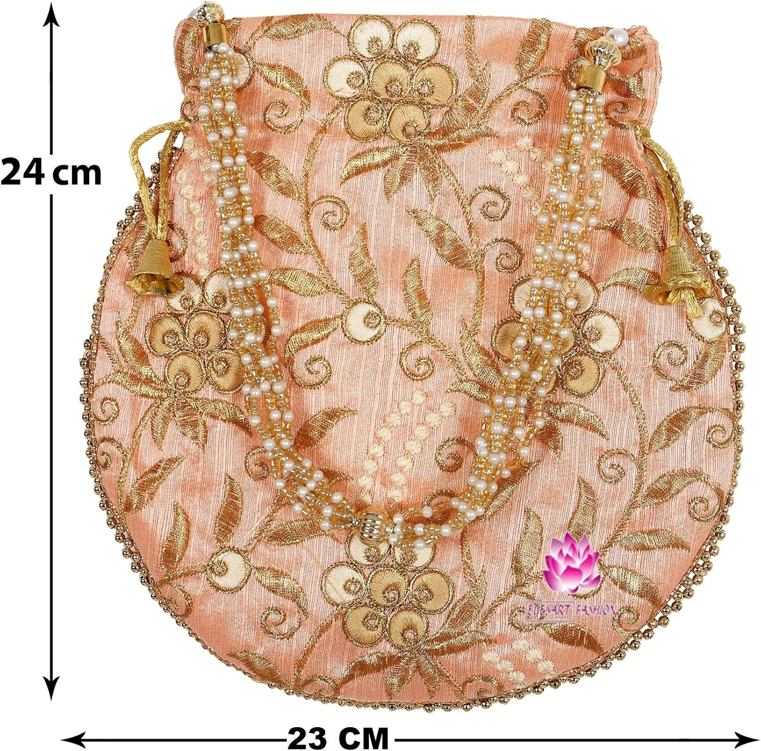 Potli Bag for Women Ethnic Gold, Pearl Handle Floral Accents, Drawstring Closure Pearls Handle Batwa Clutch Purse
