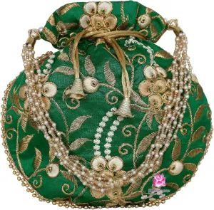 Potli Bag for Women Ethnic Gold, Pearl Handle Floral Accents, Drawstring Closure Pearls Handle Batwa Clutch Purse