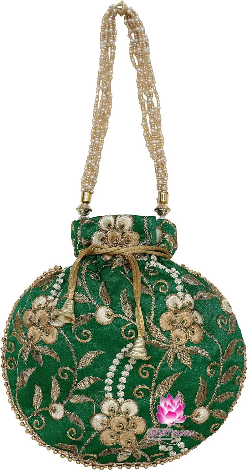 Potli Bag for Women Ethnic Gold, Pearl Handle Floral Accents, Drawstring Closure Pearls Handle Batwa Clutch Purse
